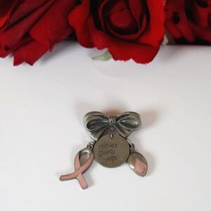 Longaberger Never Give Up Pink Ribbon & Silver Bow Brooch